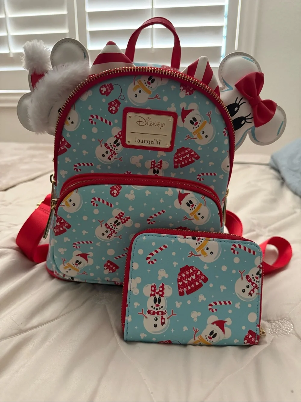 Loungefly Kids Light Blue & Red Snowman Print Mini Backpack with Matching Wallet